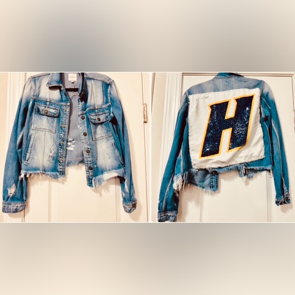 Hidden Jackets & Blazers - Hidden Distressed Jean Jacket with Sequined Patchwork on the Back